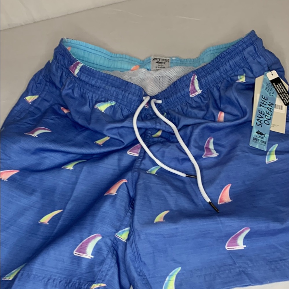 NWT Spicy Tuna Blue Swim Trunks Shark Fin Print Size XL